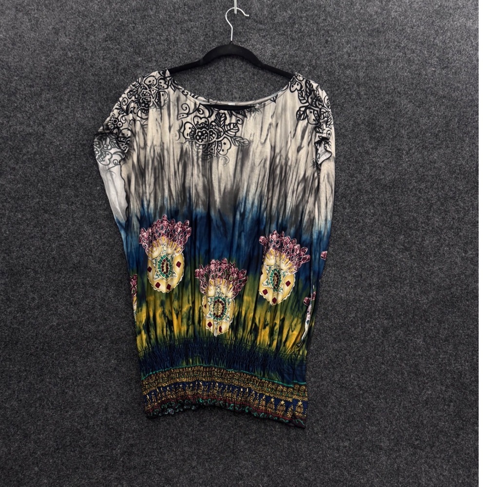 Gracie Bohemian Tie Dye Smocked Tunic Top Blue Yellow Floral Dolman Sleeve